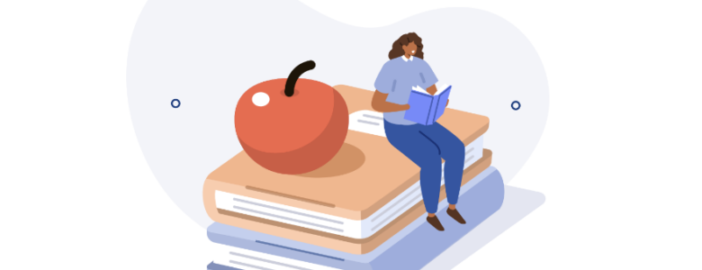 Graphic teacher reading apple